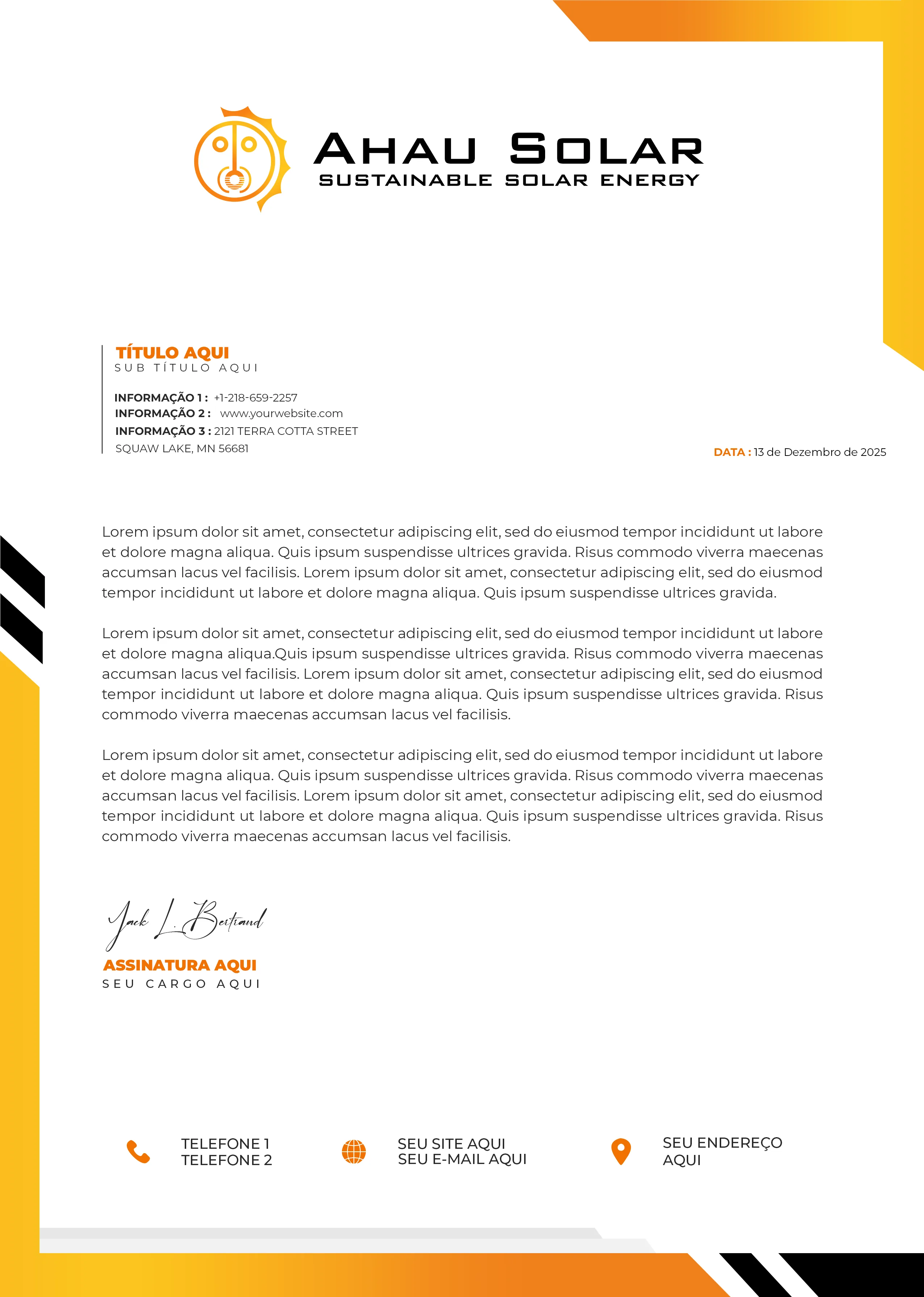 Ahau Solar — papel timbrado com a identidade aplicada