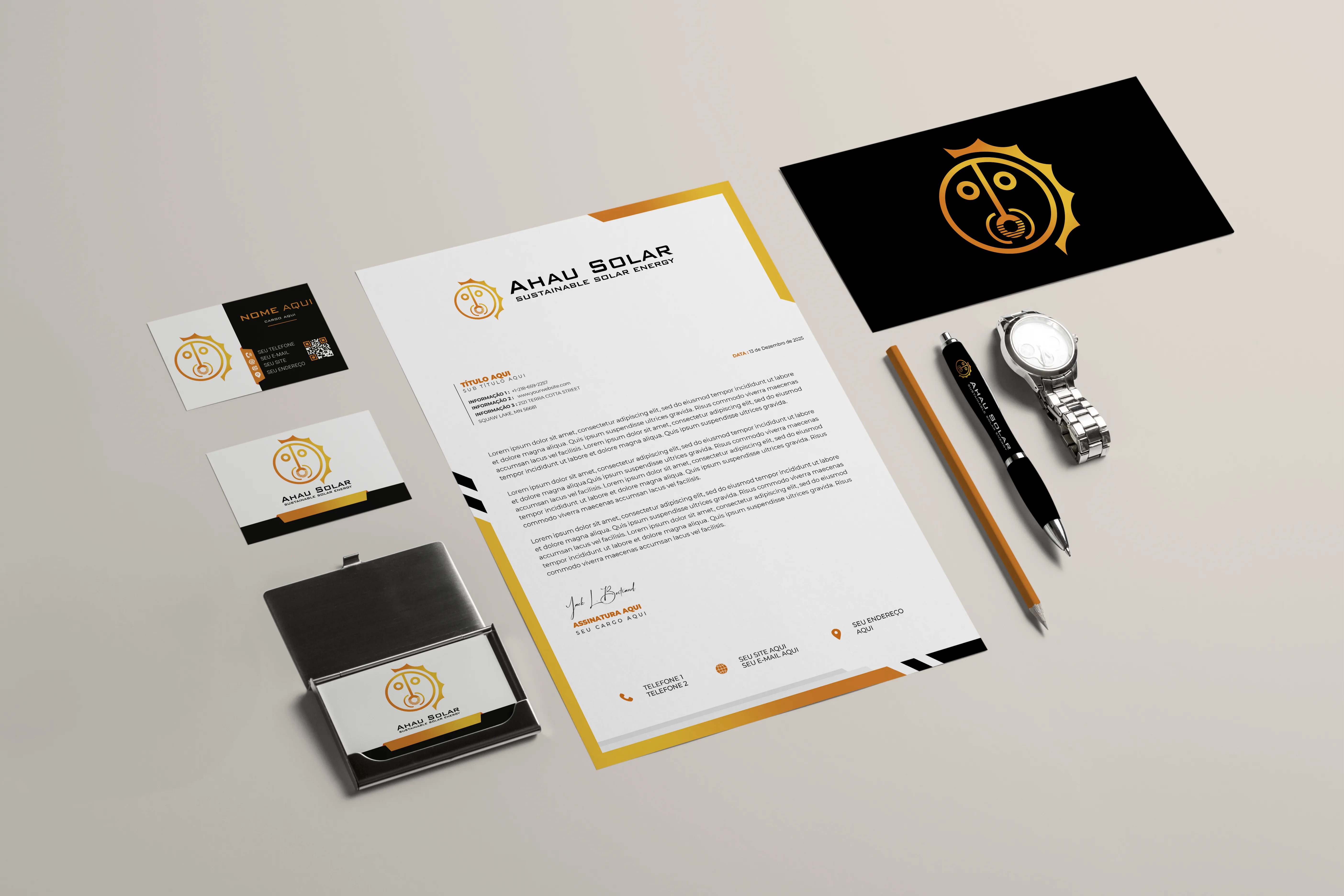 Ahau Solar — papelaria completa: cartões, papel timbrado, caneta, crachá e brindes