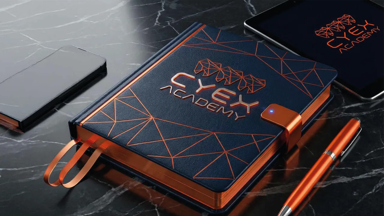 CYEX Academy — caderno premium com gravação em laranja sobre azul