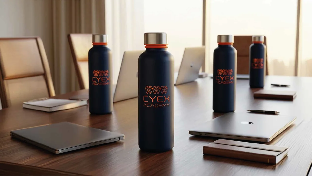 CYEX Academy — garrafas térmicas corporativas com a marca