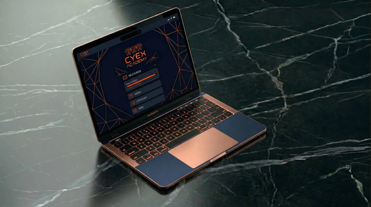 CYEX Academy — plataforma de cursos com a área do aluno em um notebook