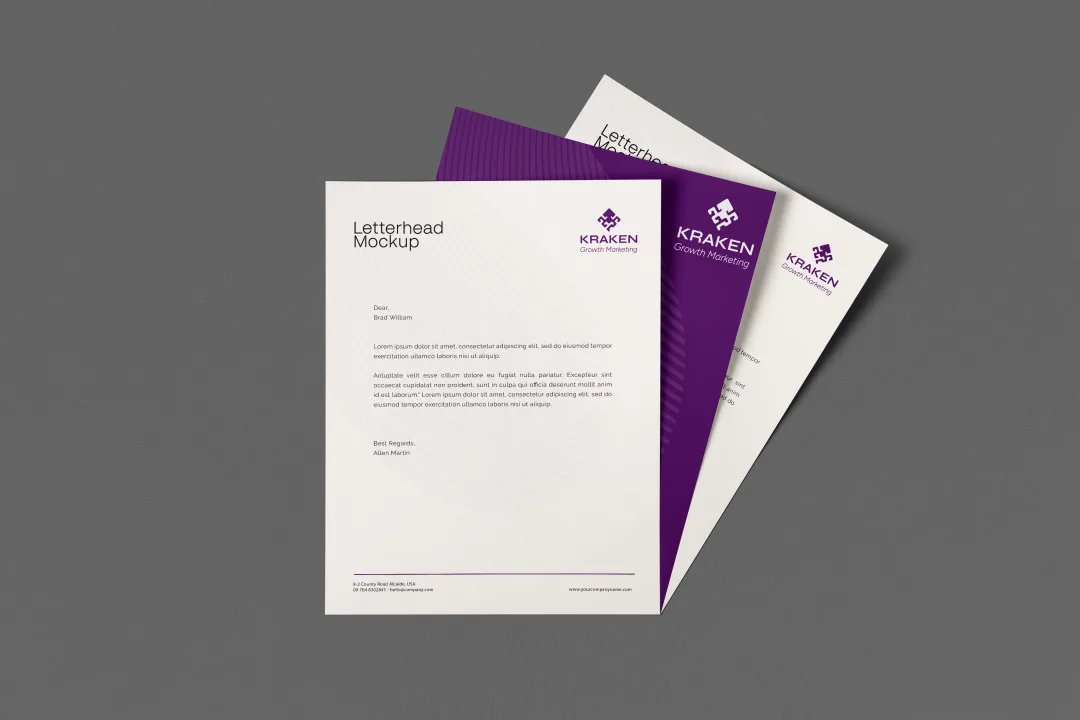 Kraken Growth Marketing — papel timbrado e papelaria oficial