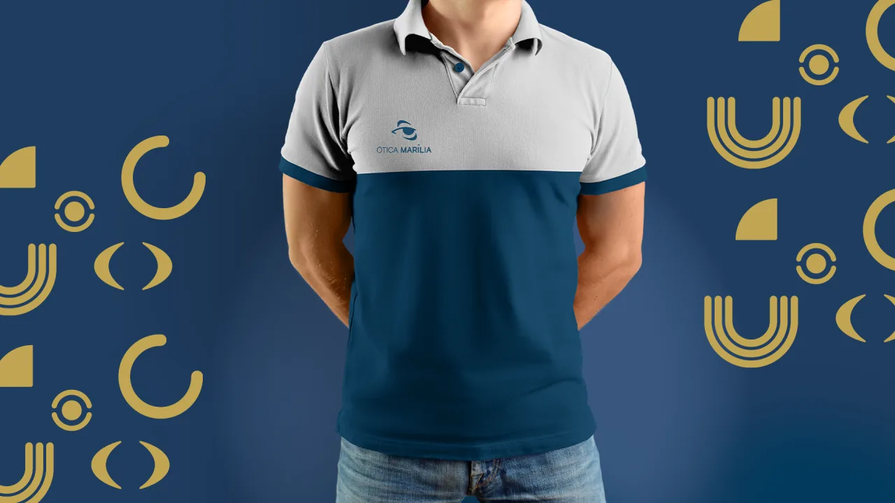 Ótica Marília — uniforme polo com logo bordado e pattern