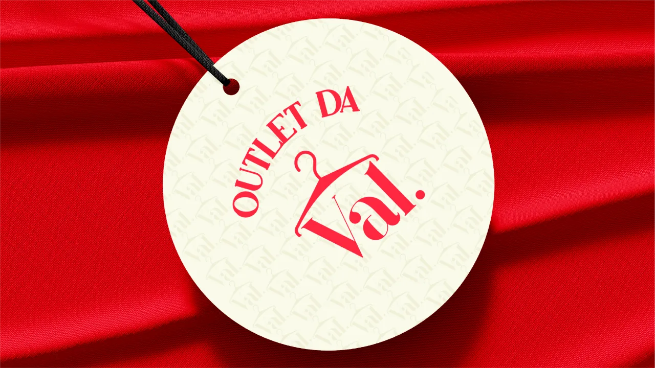 Outlet da Val — tag/etiqueta de produto com pattern em fundo vermelho