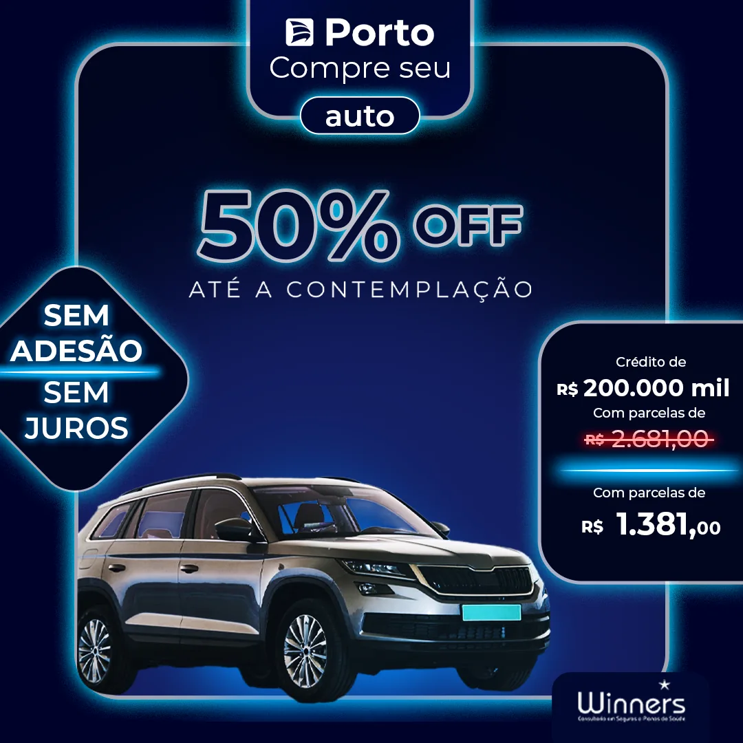 Winner / Porto Seguro — post de consórcio de automóvel com 50% OFF e crédito de R$ 200 mil