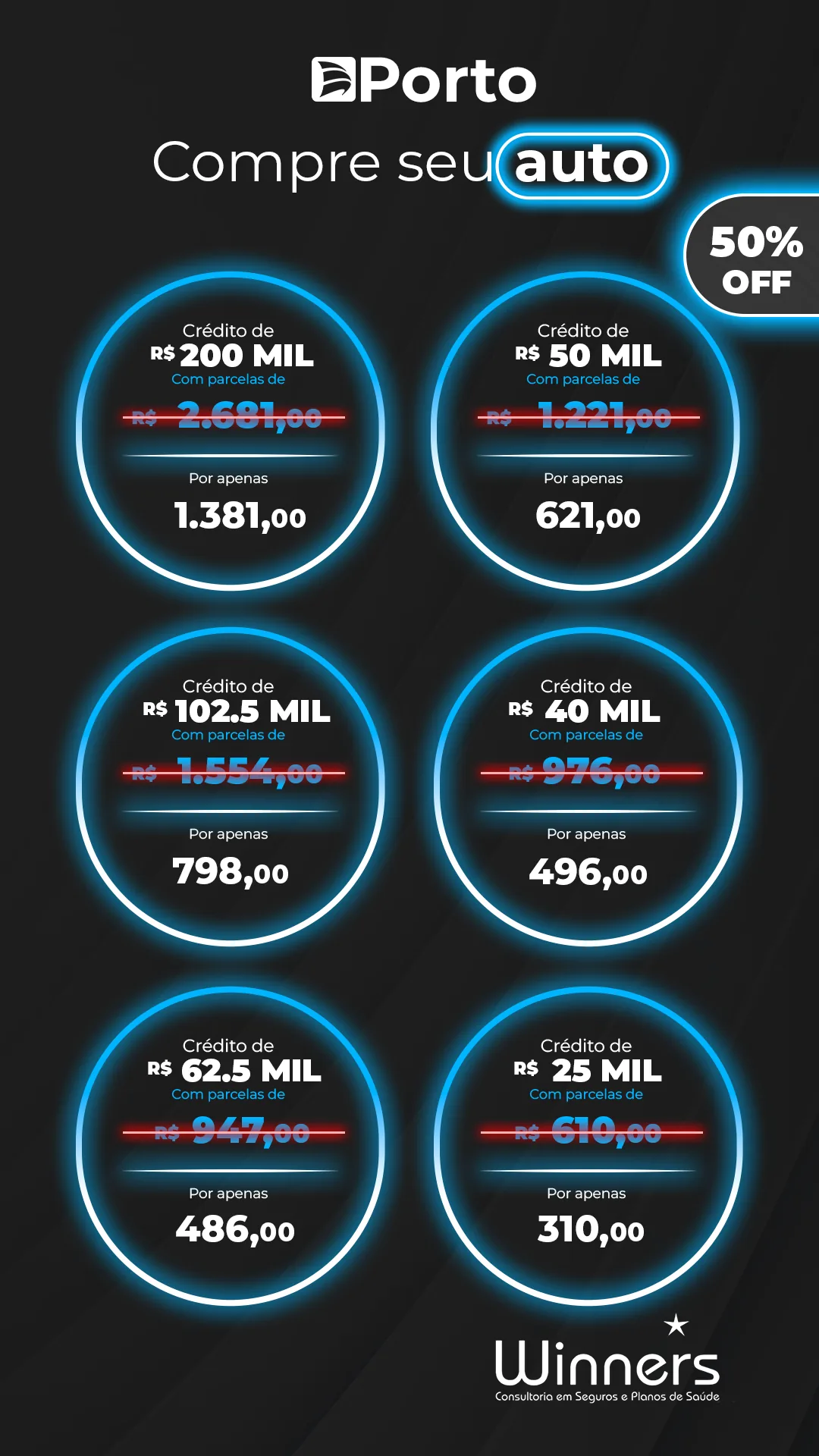 Winner / Porto Seguro — story de consórcio de automóvel com oferta de 50% OFF