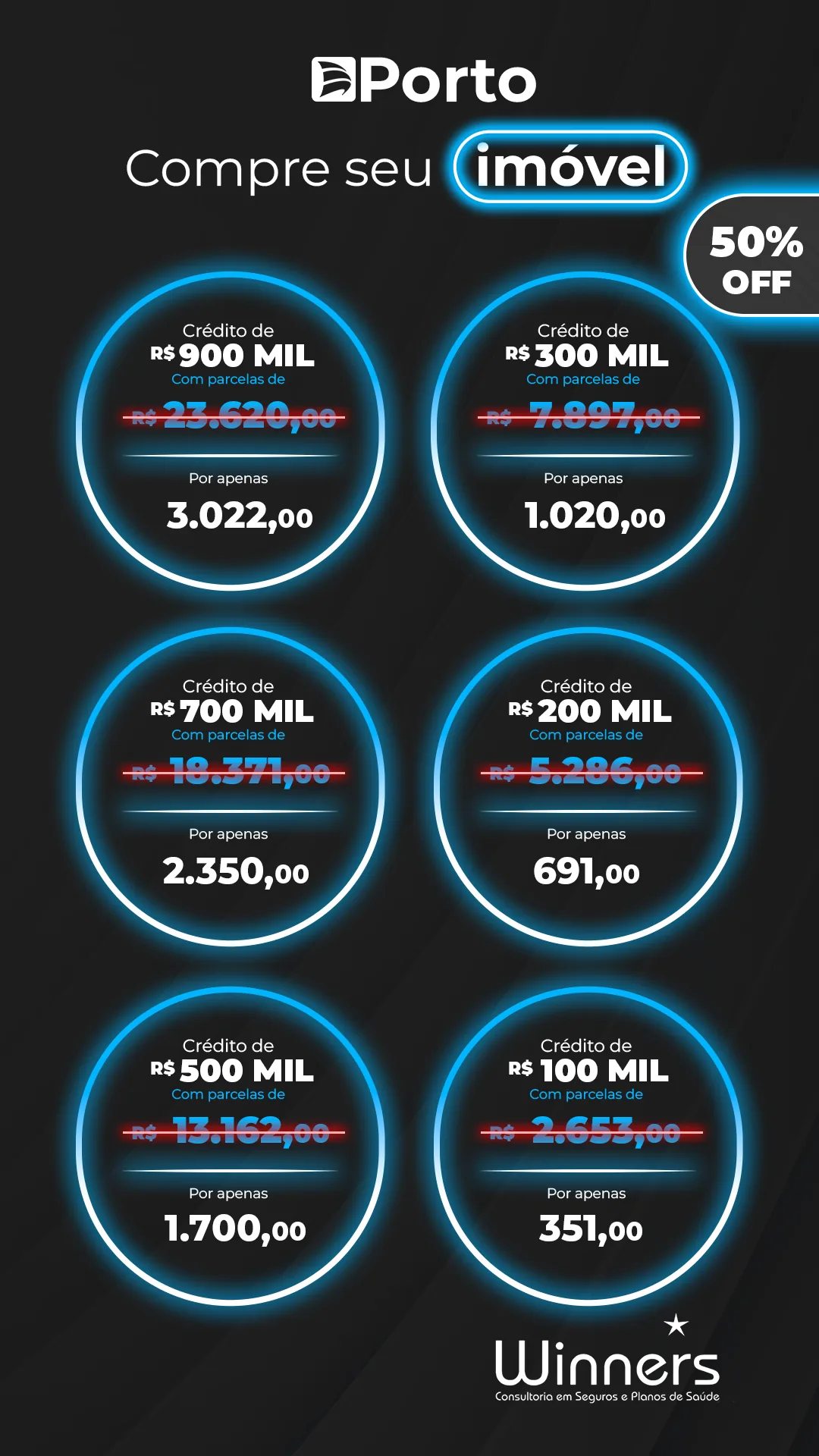 Winner / Porto Seguro — story de consórcio de imóvel com oferta de 50% OFF